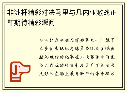 非洲杯精彩对决马里与几内亚激战正酣期待精彩瞬间